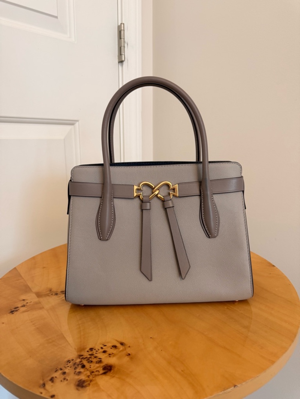 kate spade gray taupe satchel with gold hardware